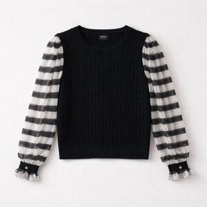 Maeve Anthropologie Black Cable Knit Sweater Sheer Striped Puff Sleeve Top Small
